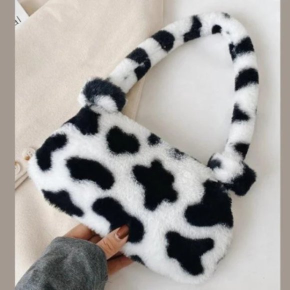 Handbags - Cow Pattern Furry Underarm Bag Mini Plush Shoulder Handbags Purse Cow Fuzzy Bag